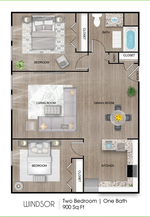 Floor plan for 2 beds, 1 bath, 987 sqft